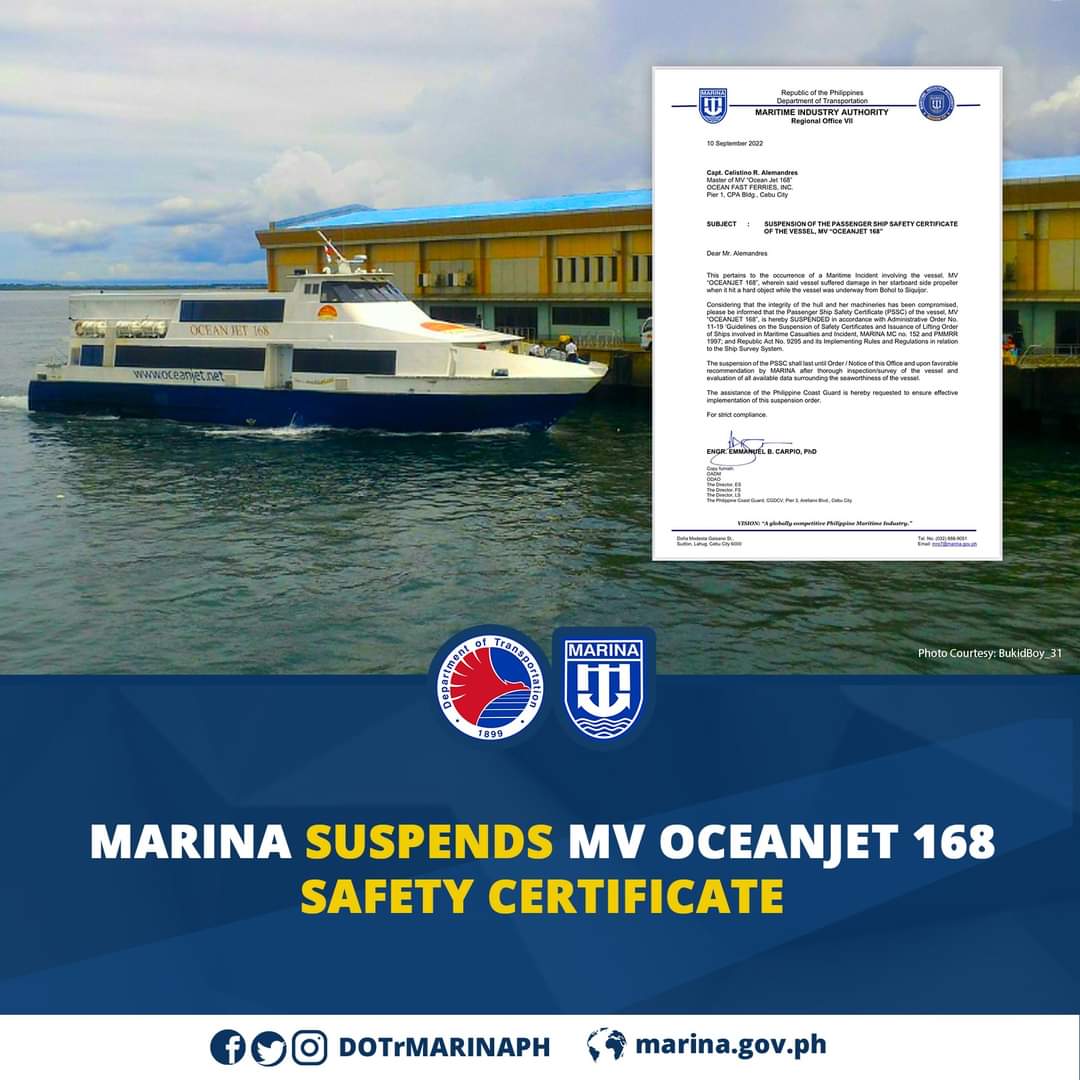 MARINA suspends MV OceanJet 168 safety cert